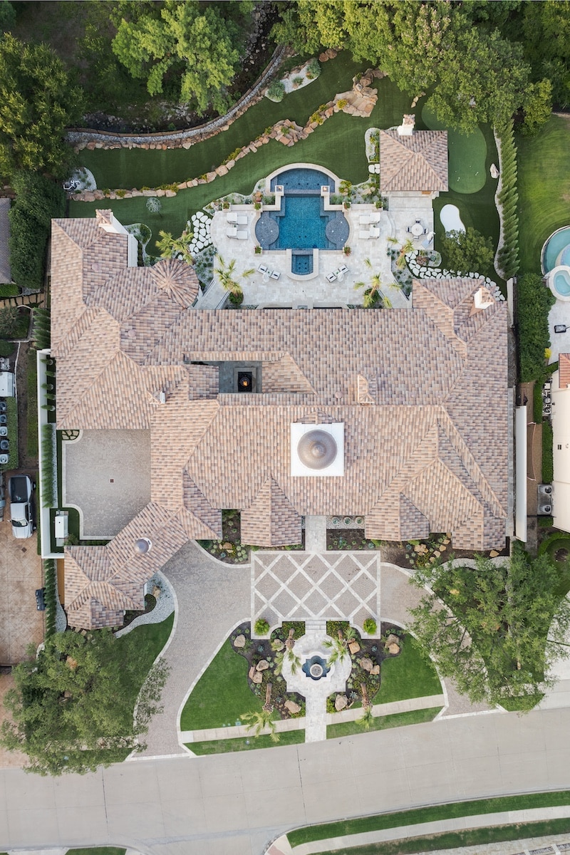 drone shot of custom landscape architecture in dallas