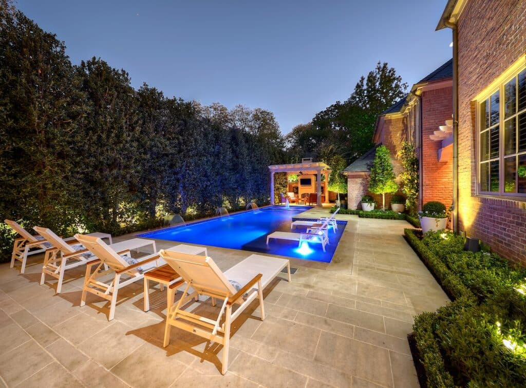 transitional backyard design with pool